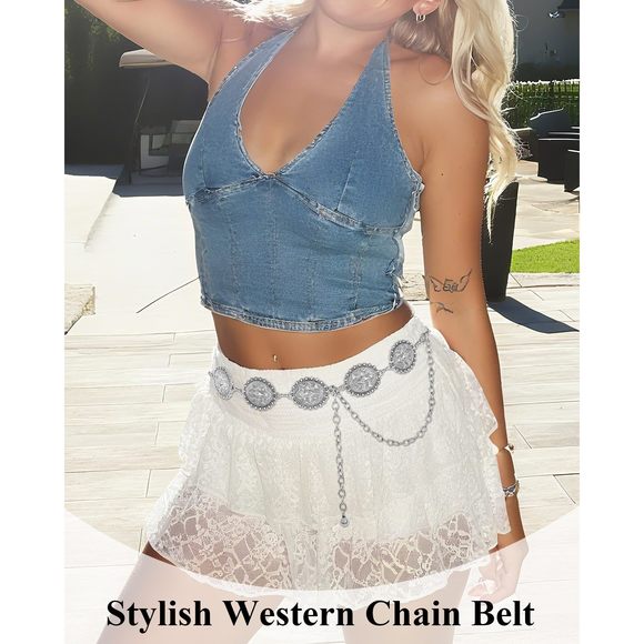 Western Concho Belts For Women Cowgirl Metal Waist Silver Chain Belt For Boho😇 - Picture 3 of 5
